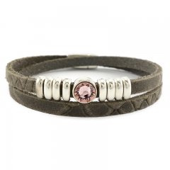 Leren armband bruin met roze puntsteen