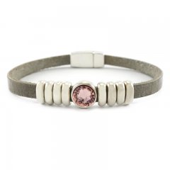 Leren armban lichtgrijs puntsteen roze